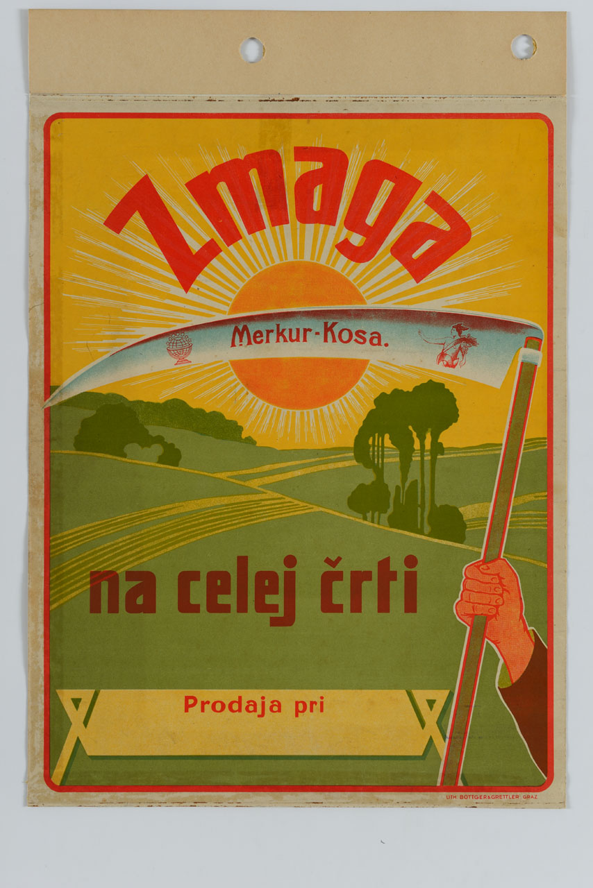 una mano regge una falce sullo sfondo del sole e di campi coltivati (locandina) - ambito sloveno (sec. XX)