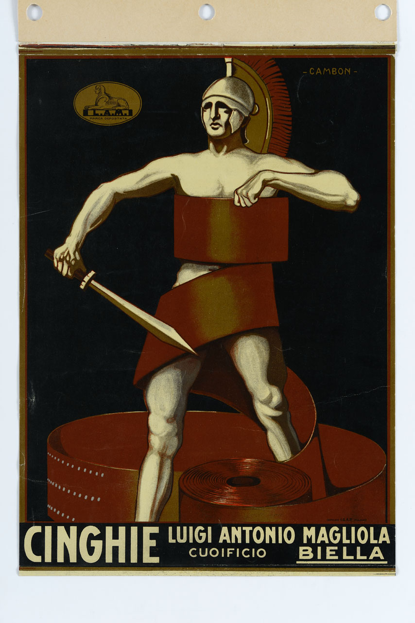 guerriero greco con elmo e spada avvolto da una cinghia in cuoio (locandina) di Cambon Glauco (sec. XX)