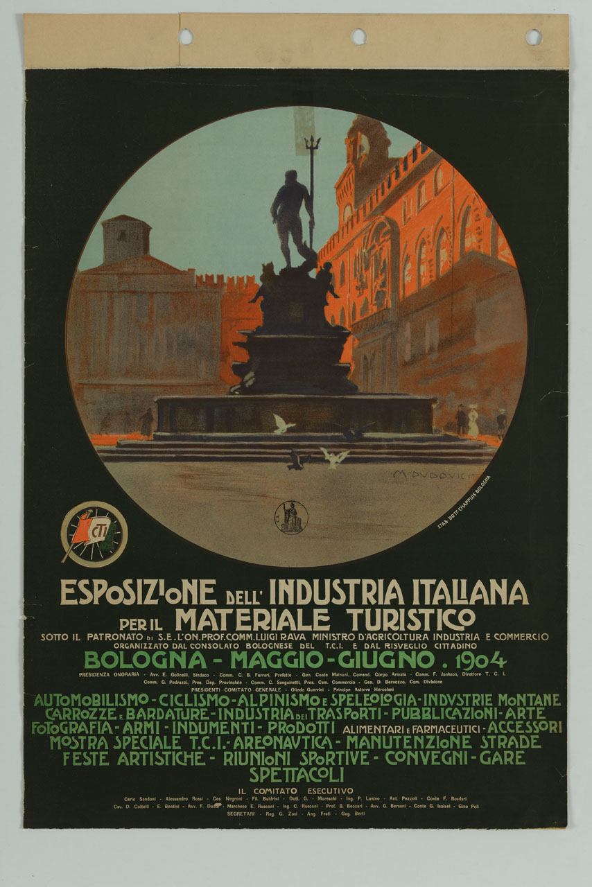 la Fontana del Nettuno a Bologna con passanti e piccioni (manifesto) di Dudovich Marcello (sec. XX)