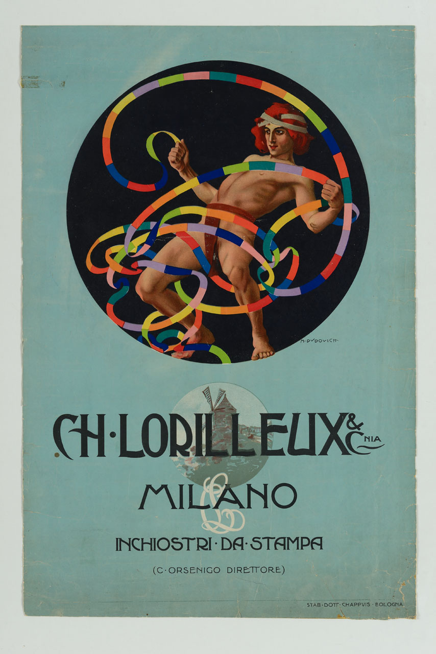 lottatore con perizoma regge le volute di un lungo nastro colorato (manifesto) di Dudovich Marcello (secc. XIX/ XX)