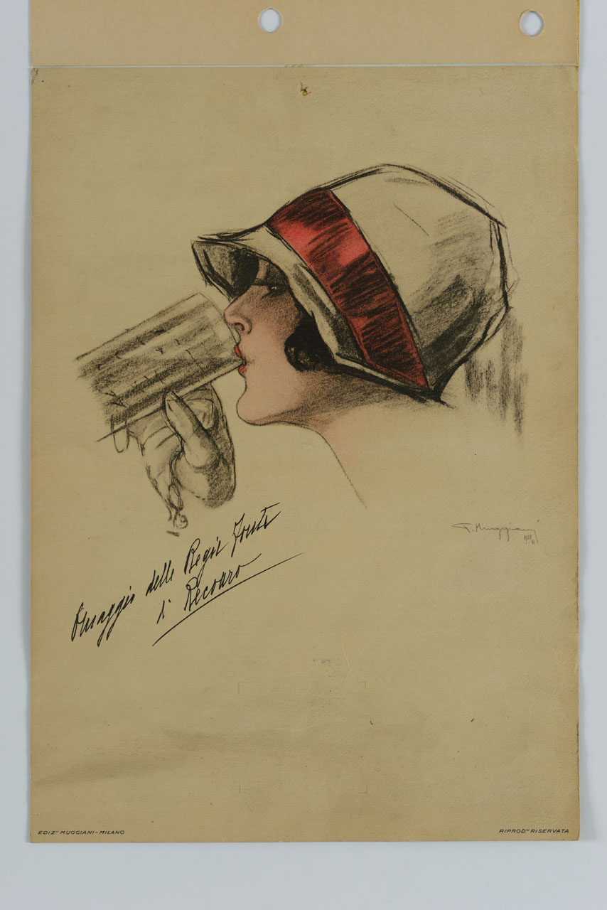 volto di donna con cappello che porta alle labbra un bicchiere d'acqua (calendario) di Muggiani Giorgio (sec. XX)