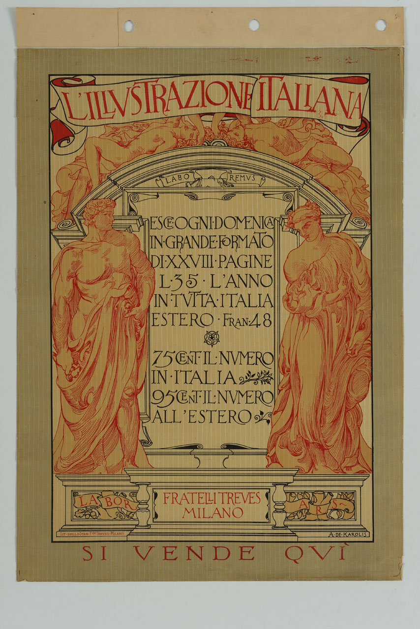 edicola con lapide e sculture (manifesto) di De Carolis Adolfo (sec. XX)