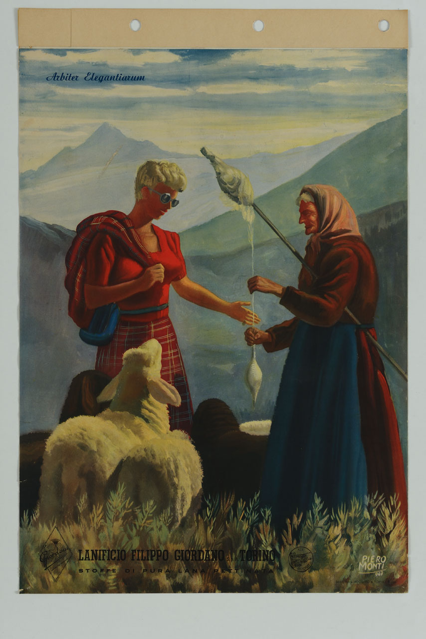 anziana filatrice con fuso e conocchia mostra il filato ad una giovane donna elegante (manifesto) di Monti Piero - ambito piemontese (sec. XX)