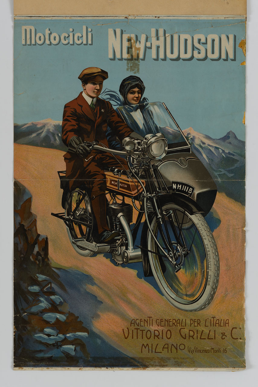 coppia elegante in side-car su una strada di montagna (locandina) - ambito italiano (sec. XX)