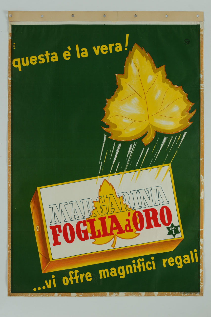 panetto di margarina e foglia dorata (manifesto) di Pesavento Gino (sec. XX)