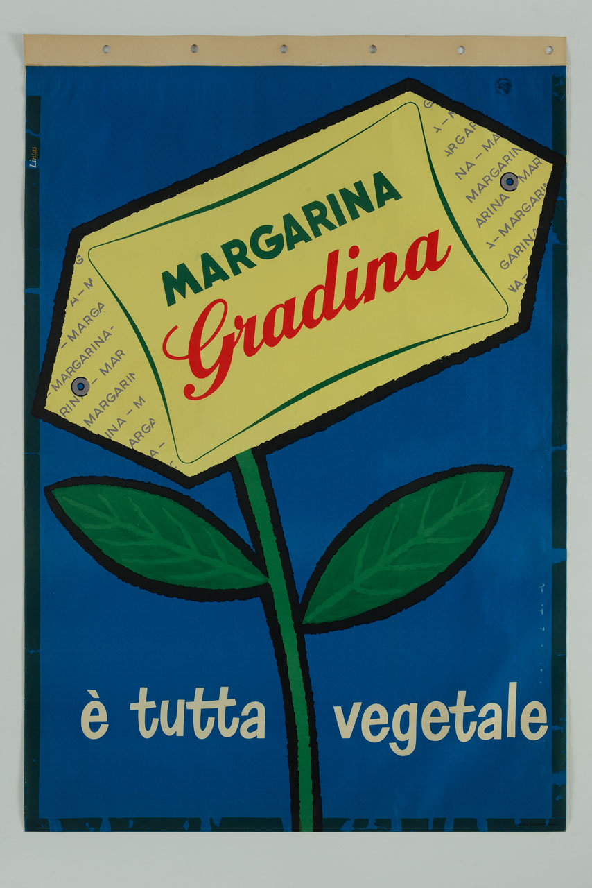 panetto di margarina in forma di fiore con stelo e foglie (manifesto) di Lintas (sec. XX)