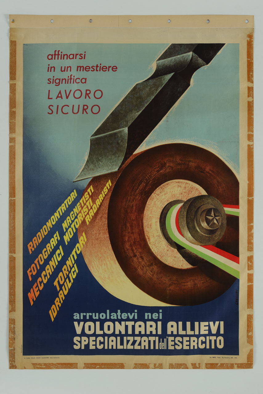 scalpello su una mola con cinghia di trasmissione tricolore (manifesto) di Gregori Nino (sec. XX)