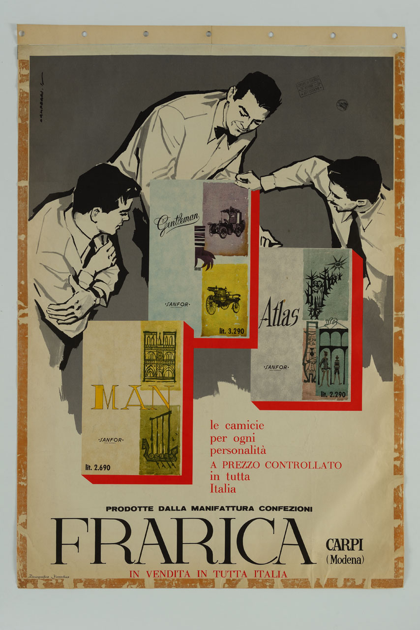 tre uomini a mezza figura indossano camicie e ammirano le illustrazioni delle scatole (manifesto) di Campeggi Silvano detto Nano (sec. XX)