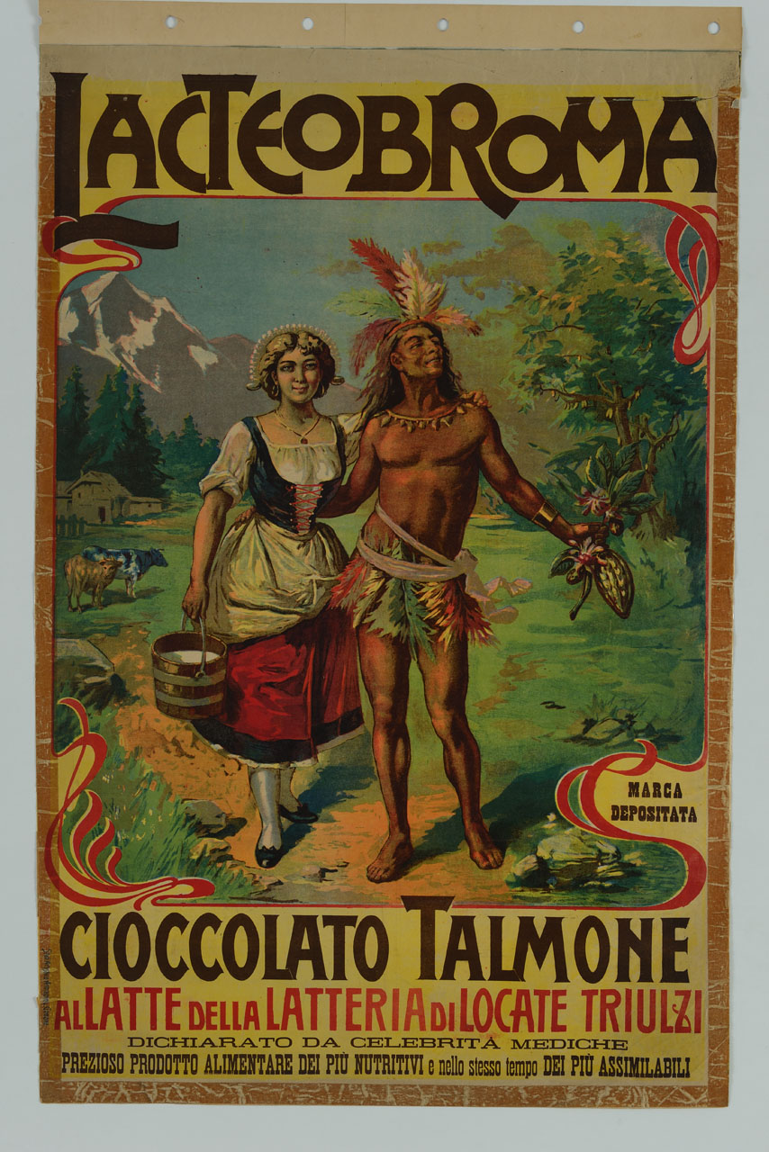 donna in costume tradizionale alpino con secchio di latte e Indio con frutto di cacao in un paesaggio di fantasia (manifesto) - ambito italiano (sec. XX)