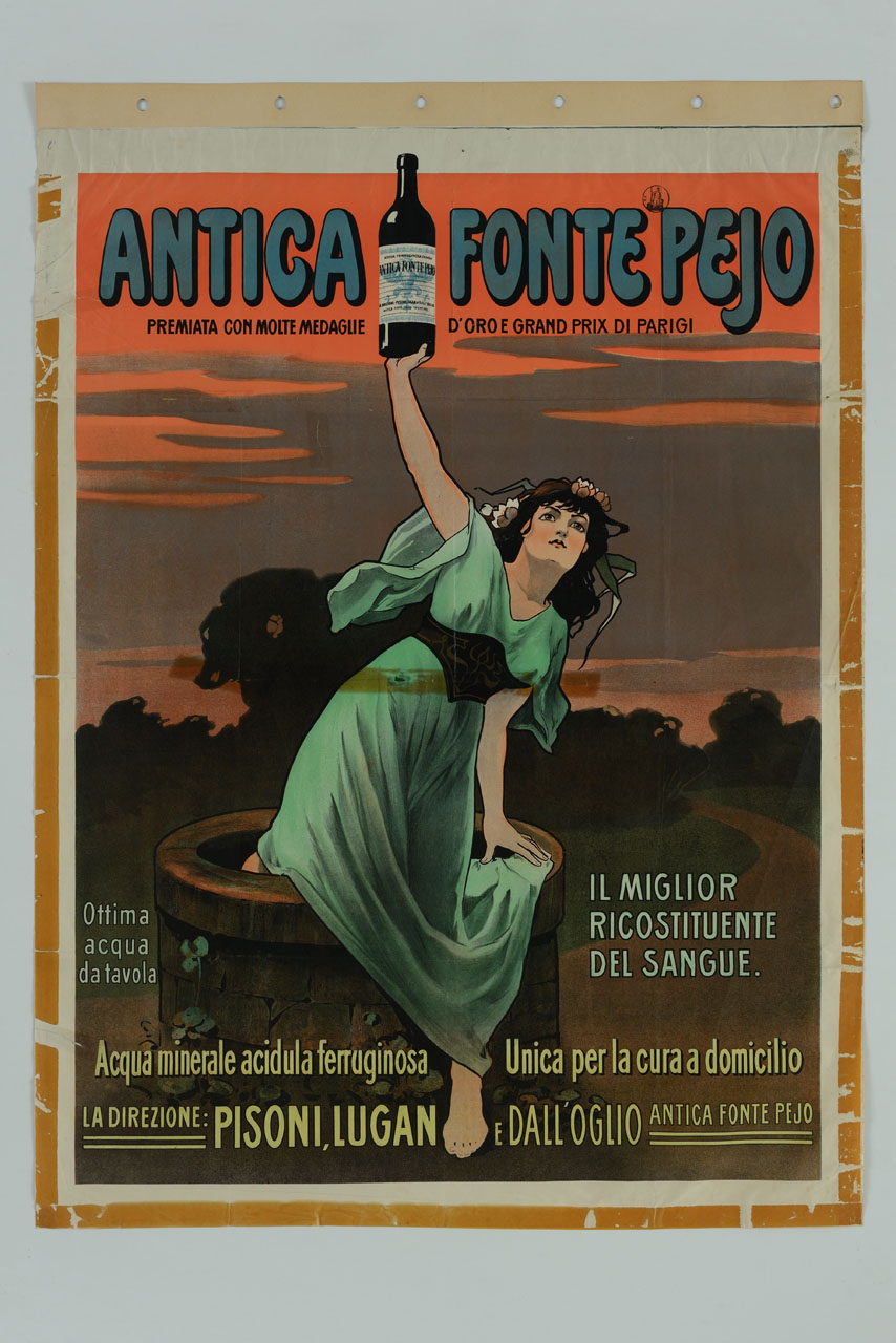 ninfa con bottiglia d'acqua esce da un pozzo sullo sfondo di un paesaggio campestre (manifesto) - ambito italiano (sec. XX)