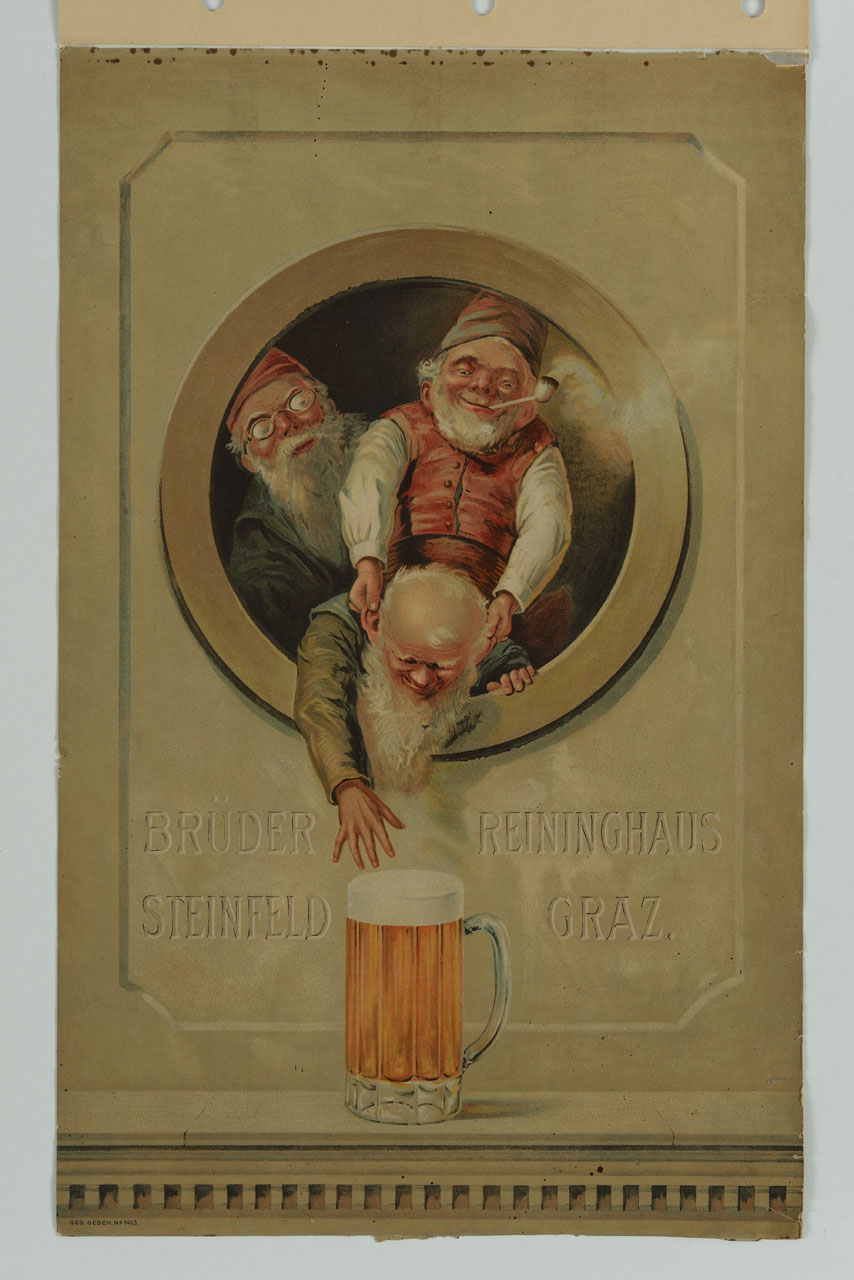 tre folletti si affacciano ad un tondo per raggiungere un boccale di birra (manifesto) - ambito austriaco (ultimo quarto sec. XIX)