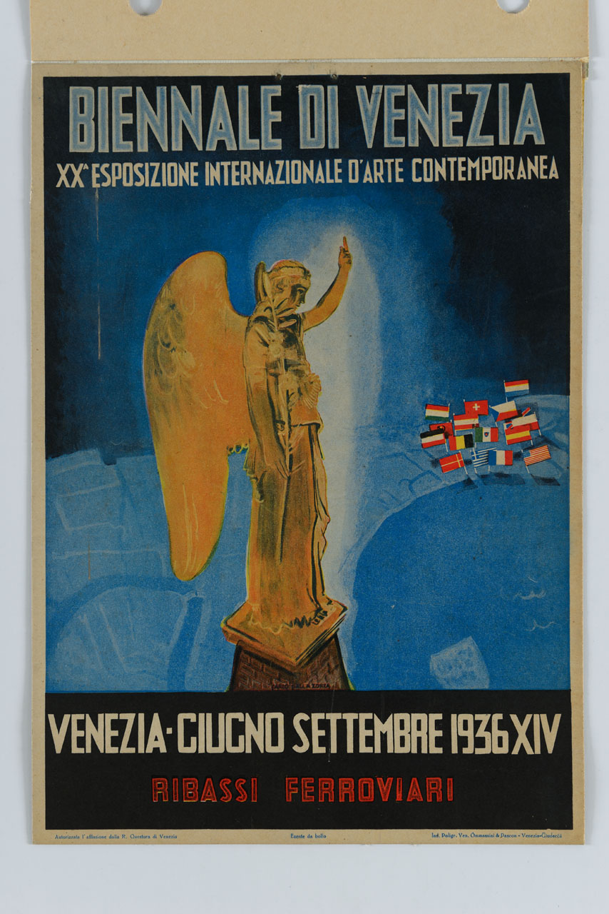 la statua dell'arcangelo Gabriele e veduta aerea di Venezia con bandiere (locandina) di Dalla Zorza Carlo (sec. XX)