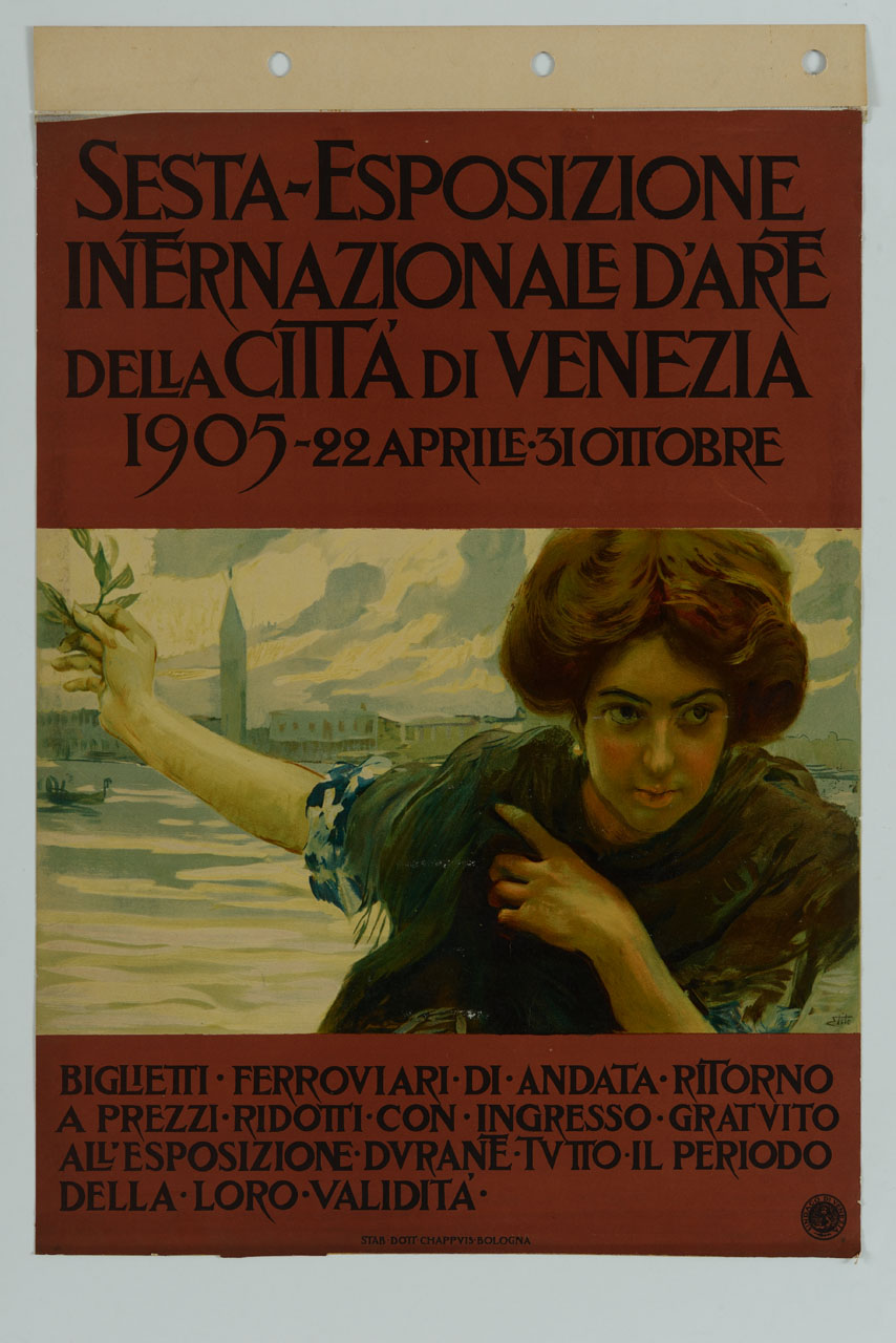 donna con scialle regge un rametto verde indicando alle sue spalle la città di Venezia (manifesto) di Tito Ettore (sec. XX)