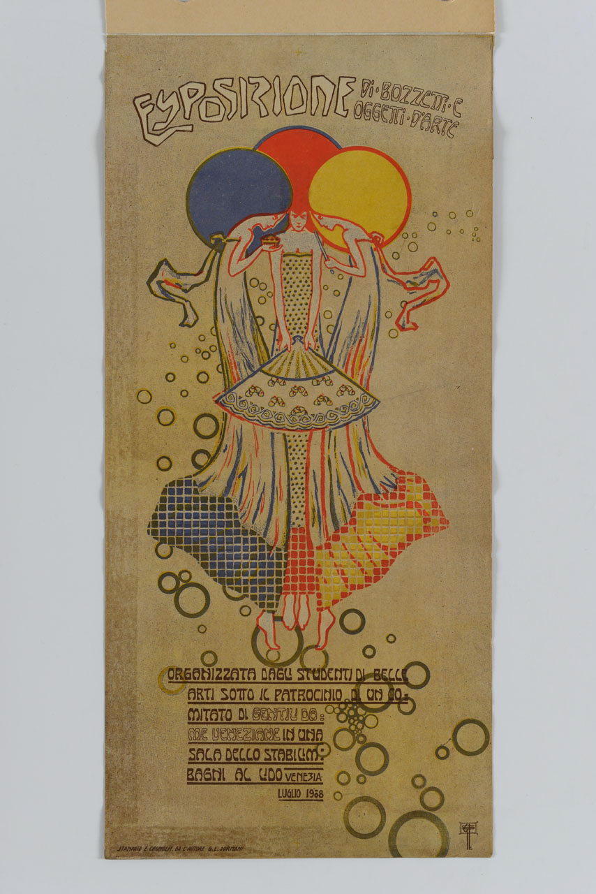 tre esili figure di donna con capelli a globo si inchinano in concentrazione (manifesto) di Sormani Gian Luciano (sec. XX)