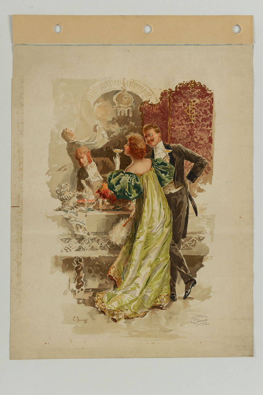 coppia elegante al tavolo da buffet sorseggia una coppa di vino (manifesto) di Saccaggi Cesare (sec. XX)