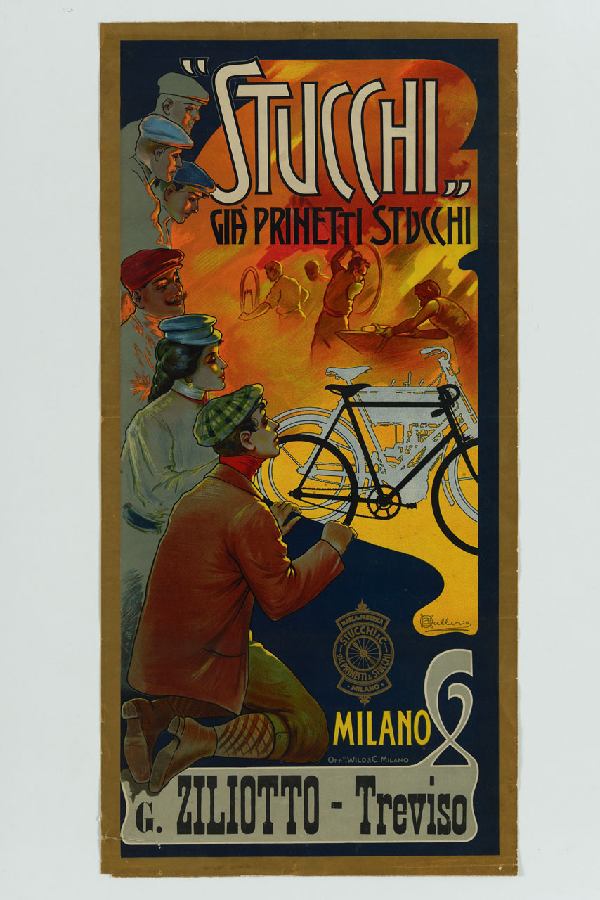 cinque uomini e una donna osservano una bicicletta, un motociclo e le relative fasi di produzione (manifesto) di Ballerio Osvaldo (sec. XX)
