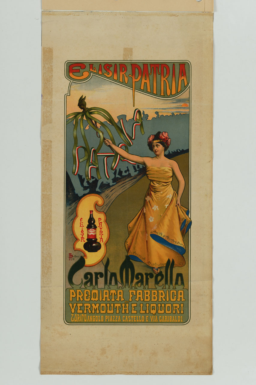 donna con corona di fiori regge un caduceo con nastri tricolori che scrivono la parola Patria (manifesto) di Butteri Achille (sec. XIX)