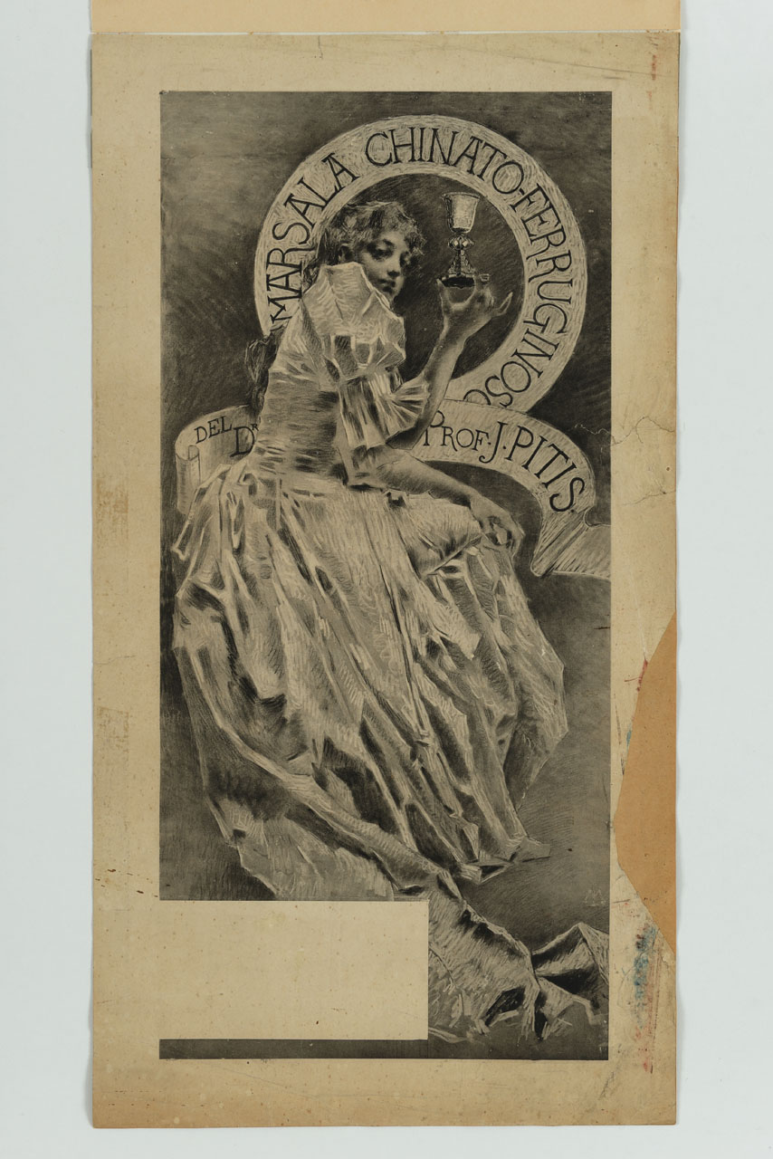 ragazza dalla lunga veste regge delicatamente un calice (manifesto) di Metlicovitz Leopoldo (sec. XIX)