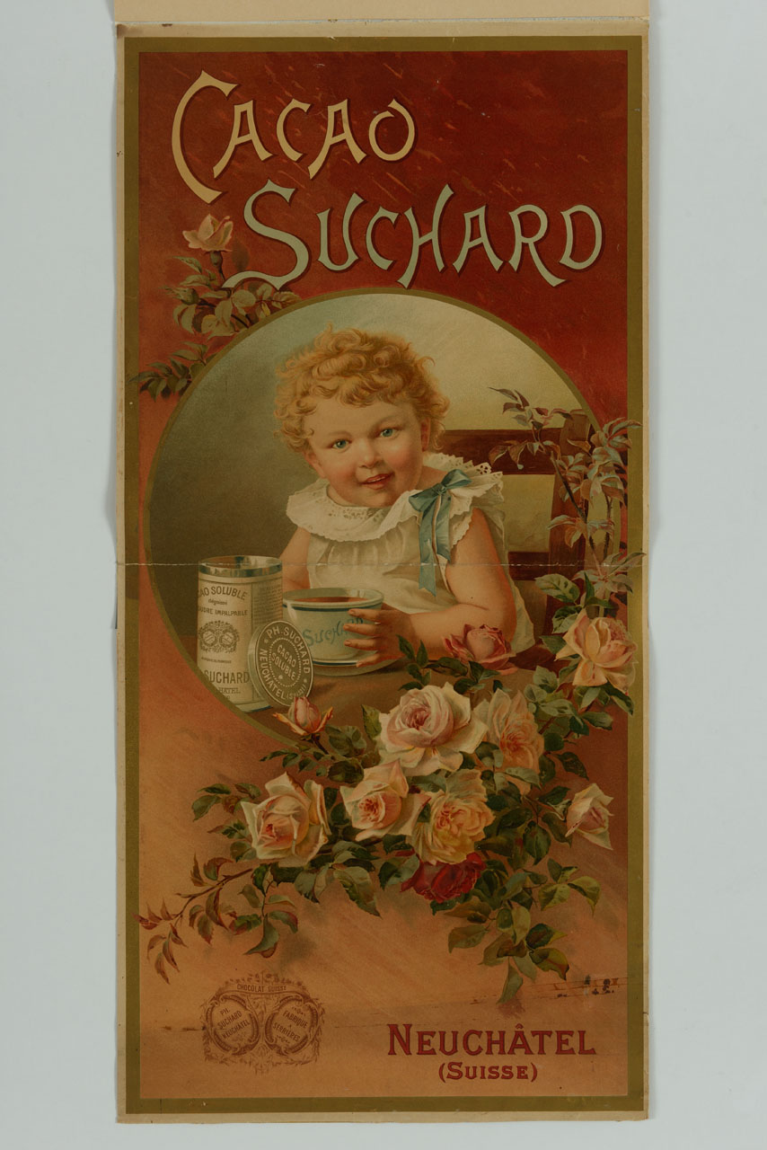 tondo decorato di rose e bambino a tavola con tazza e barattolo di cacao (manifesto) - ambito svizzero (sec. XIX)