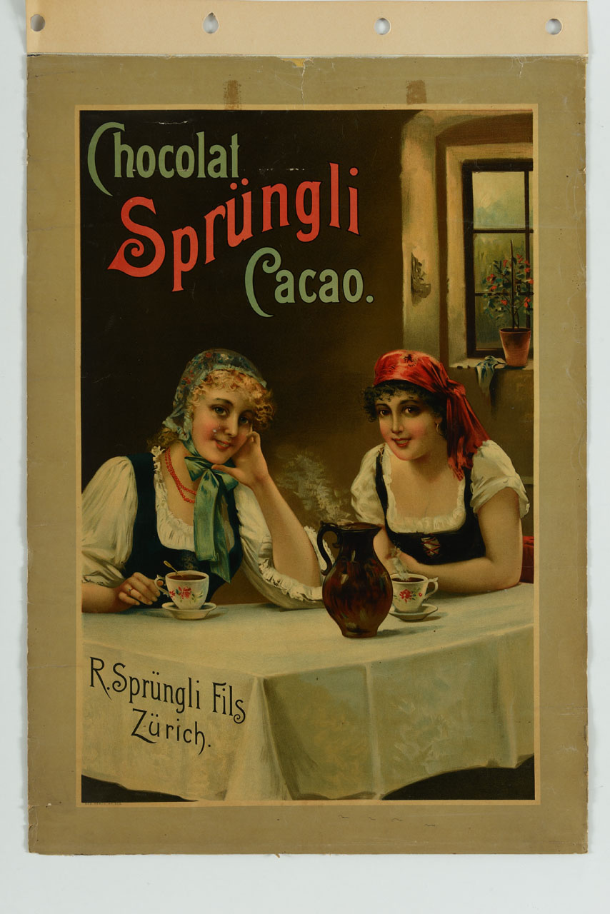 due donne fanno merenda con due tazze di cioccolata fumante (manifesto) - ambito svizzero (sec. XX)
