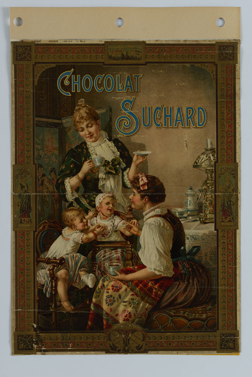due bambini sul seggiolone si contendono il cucchiaio di cioccolata dalla bambinaia sotto lo sguardo della madre (manifesto) - ambito svizzero (sec. XIX)