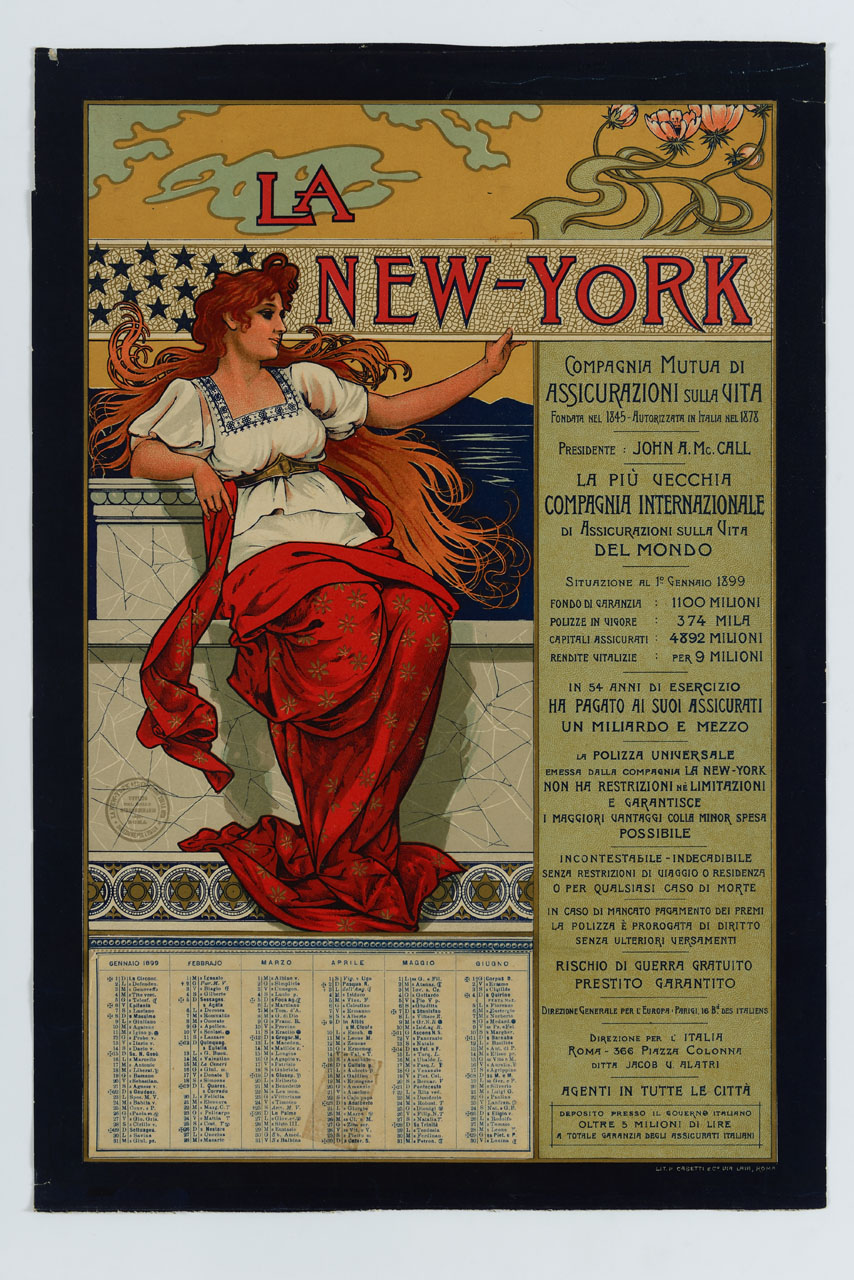 donna con stola e lunghi capelli seduta su una balaustra sul mare (calendario) - ambito italiano (sec. XIX)