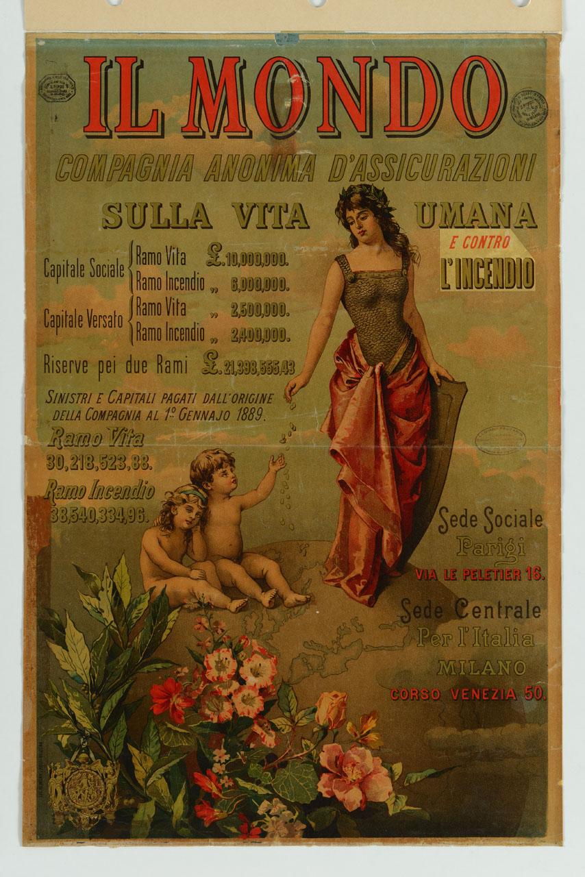 donna con scudo e corazza fa cadere delle monete nelle mani di due bambini nudi (manifesto) - ambito italiano (sec. XIX)