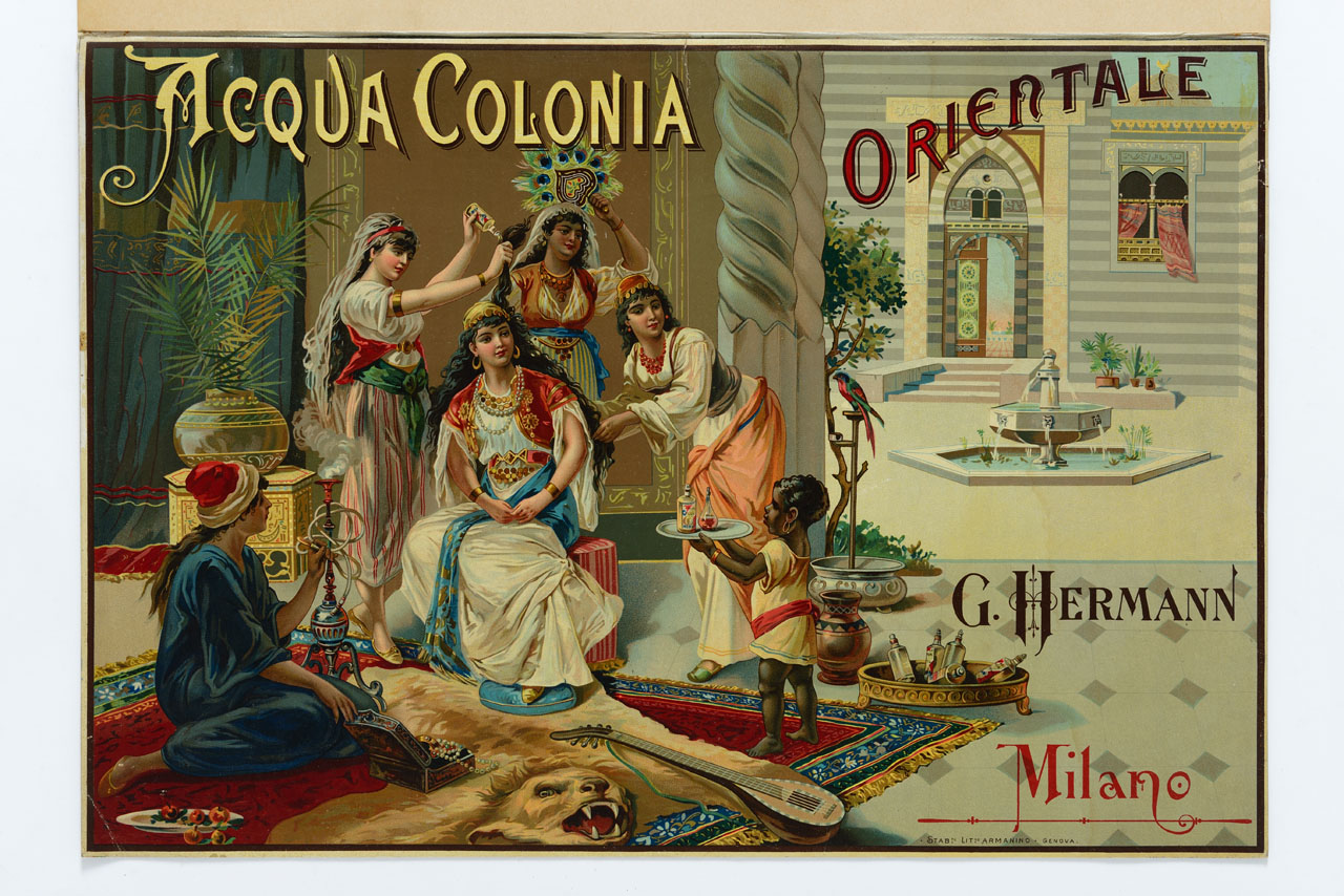 quattro donne e una bambina con profumi, ventaglio e narghilè intente alla toilette della loro signora (manifesto) - ambito italiano (sec. XIX)