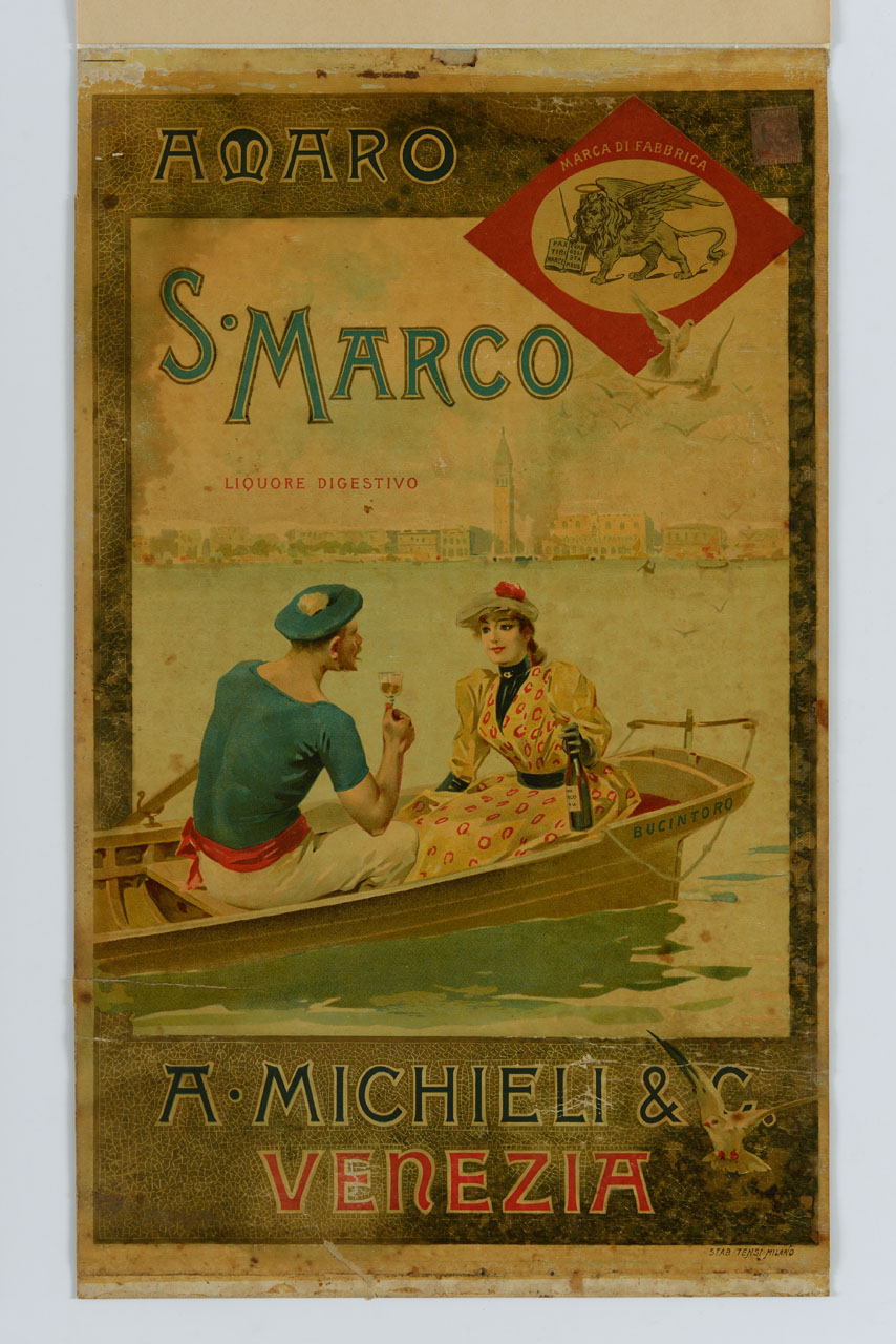coppia in barca a remi nel bacino di San Marco sullo sfondo di Venezia con bottiglia e bicchierino di liquore (manifesto) - ambito italiano (sec. XIX)