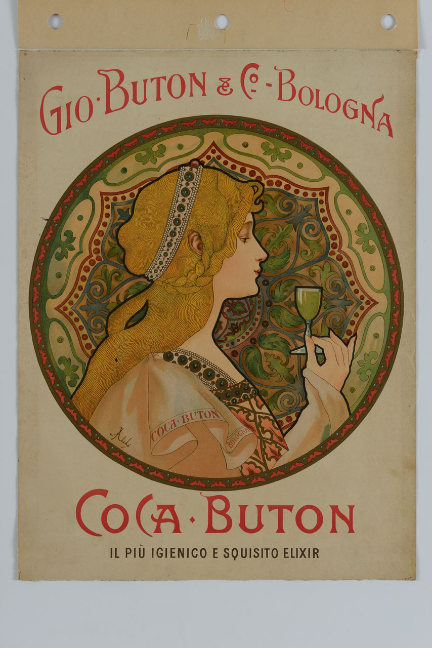 tondo con decorazioni e profilo di donna rinascimentale che regge un bicchierino di elisir (manifesto) di Atché J - ambito francese (sec. XIX)