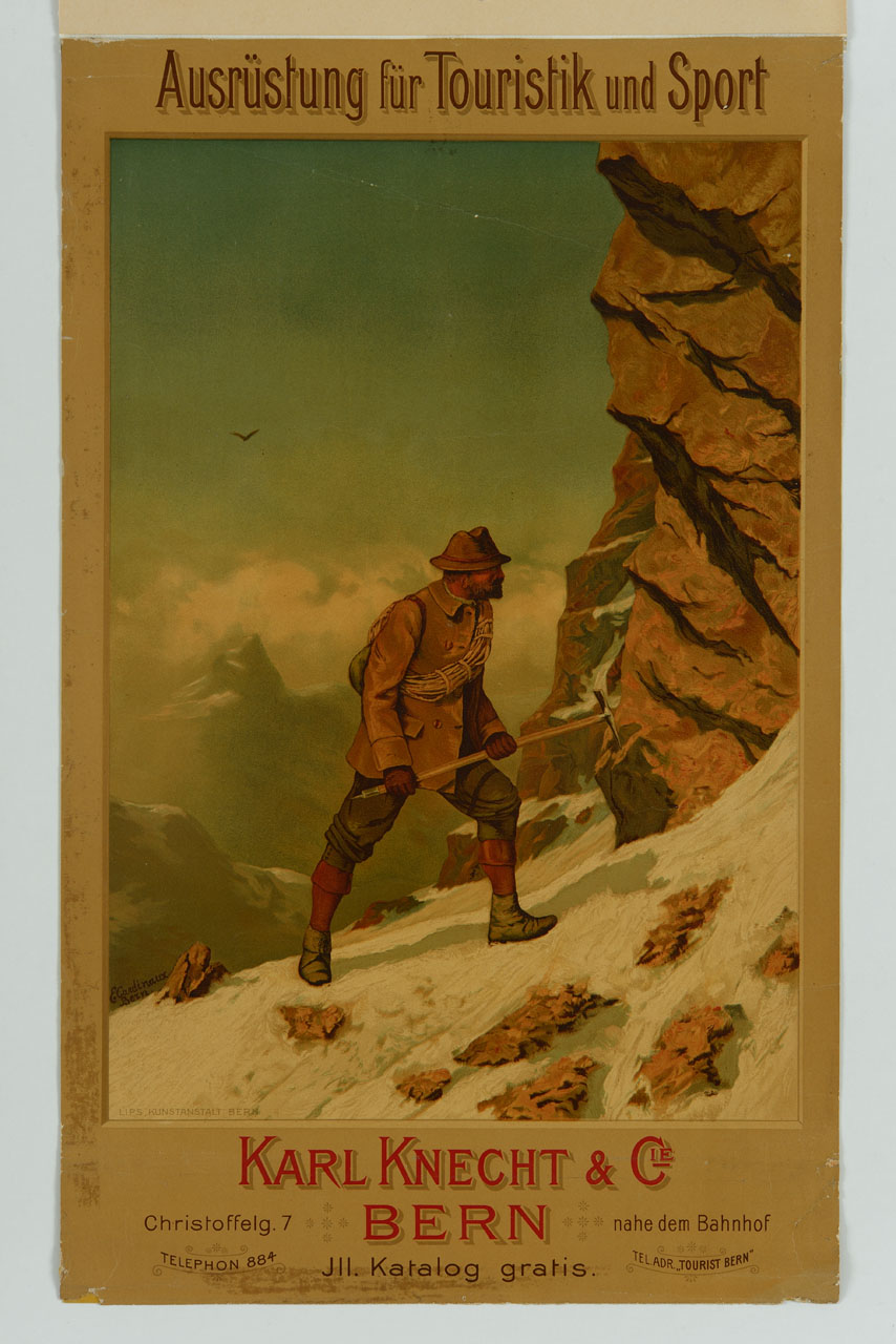 alpinista con corda e piccozza su un nevaio d'alta quota (manifesto) di Cardinaux Emil (secc. XIX/ XX)
