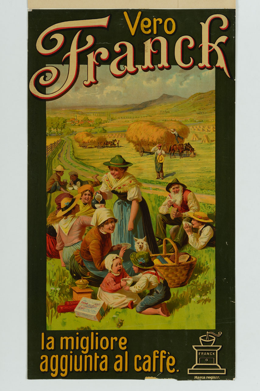 famiglia contadina intenta a fare merenda sul prato durante la raccolta del fieno (manifesto) - ambito tedesco (sec. XX)