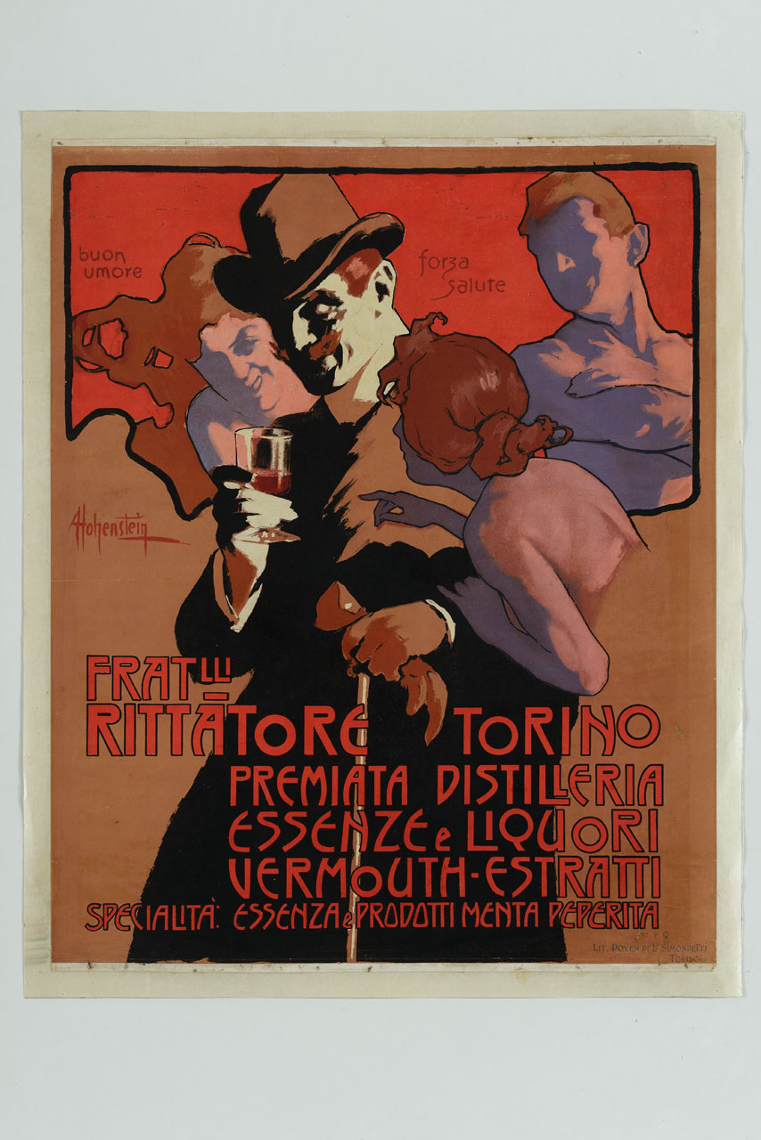 tre personificazioni di buon umore, forza e salute arridono ad un uomo elegante con un calice di liquore (manifesto) di Hohenstein Adolf (sec. XX)
