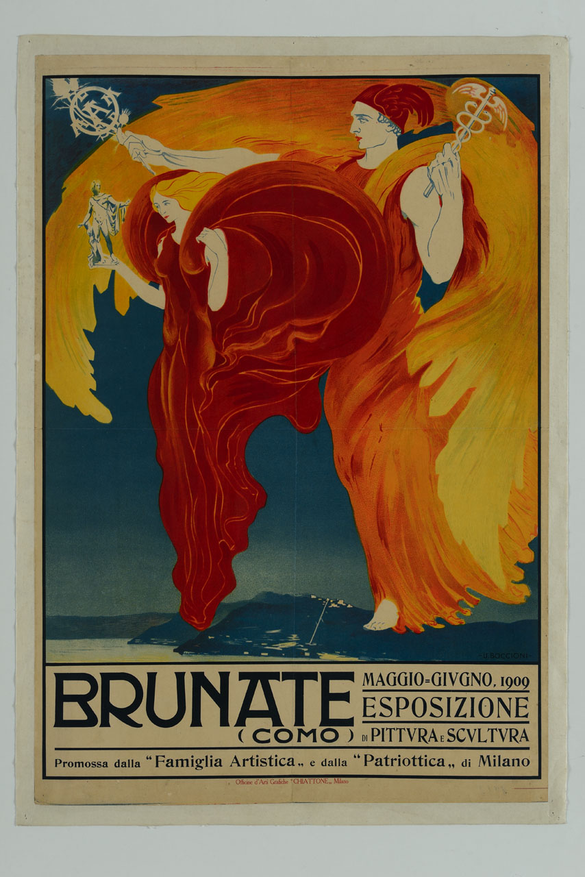 Mercurio alato con caduceo e simbolo della Famiglia Artistica Milanese e una personificazione delle arti giganteggiano sopra il Lago di Como (manifesto) di Boccioni Umberto (sec. XX)