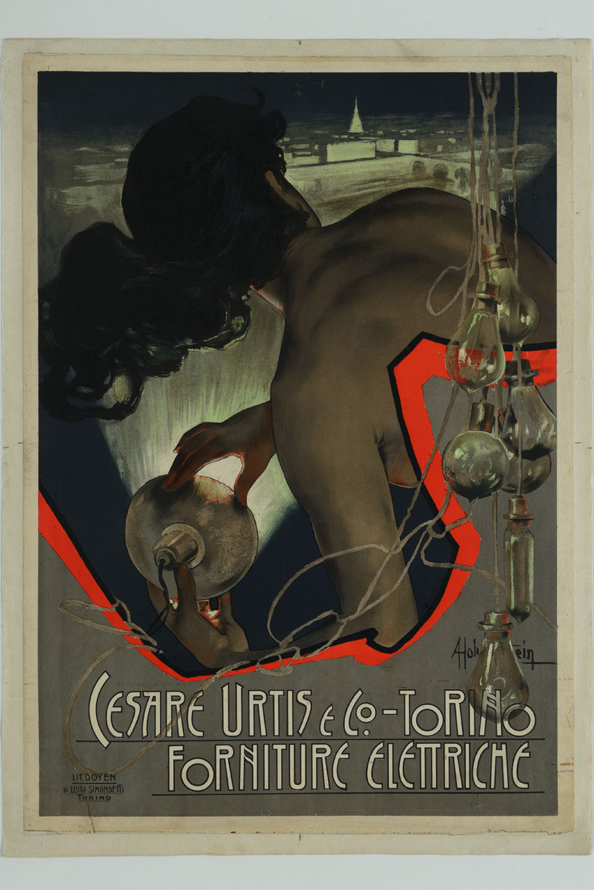 personificazione femminile della modernità illumina con un faro la città di Torino e lampadine in primo piano (manifesto) di Hohenstein Adolf (sec. XX)