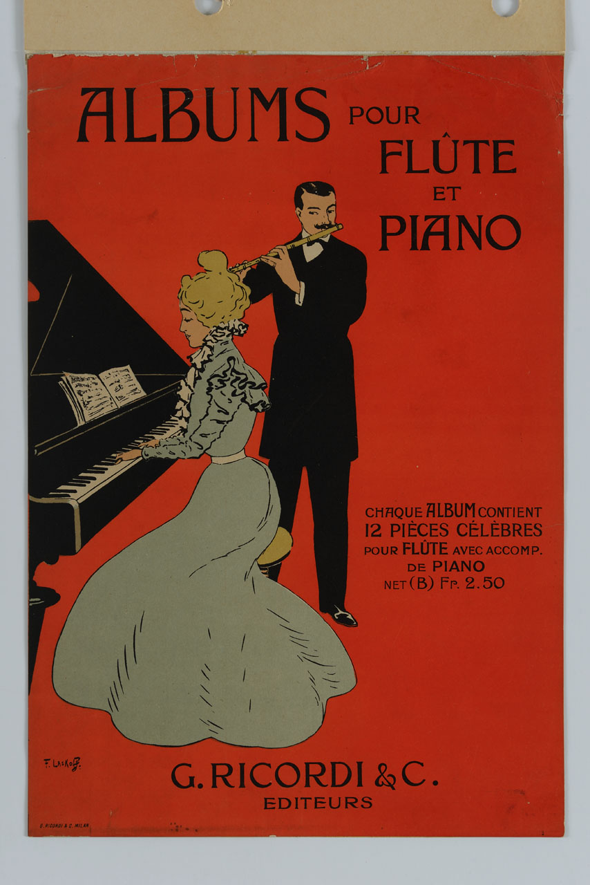 coppia di musicisti intenti a suonare pianoforte e flauto (locandina) di Laskowski François detto Laskoff Franz (sec. XX)