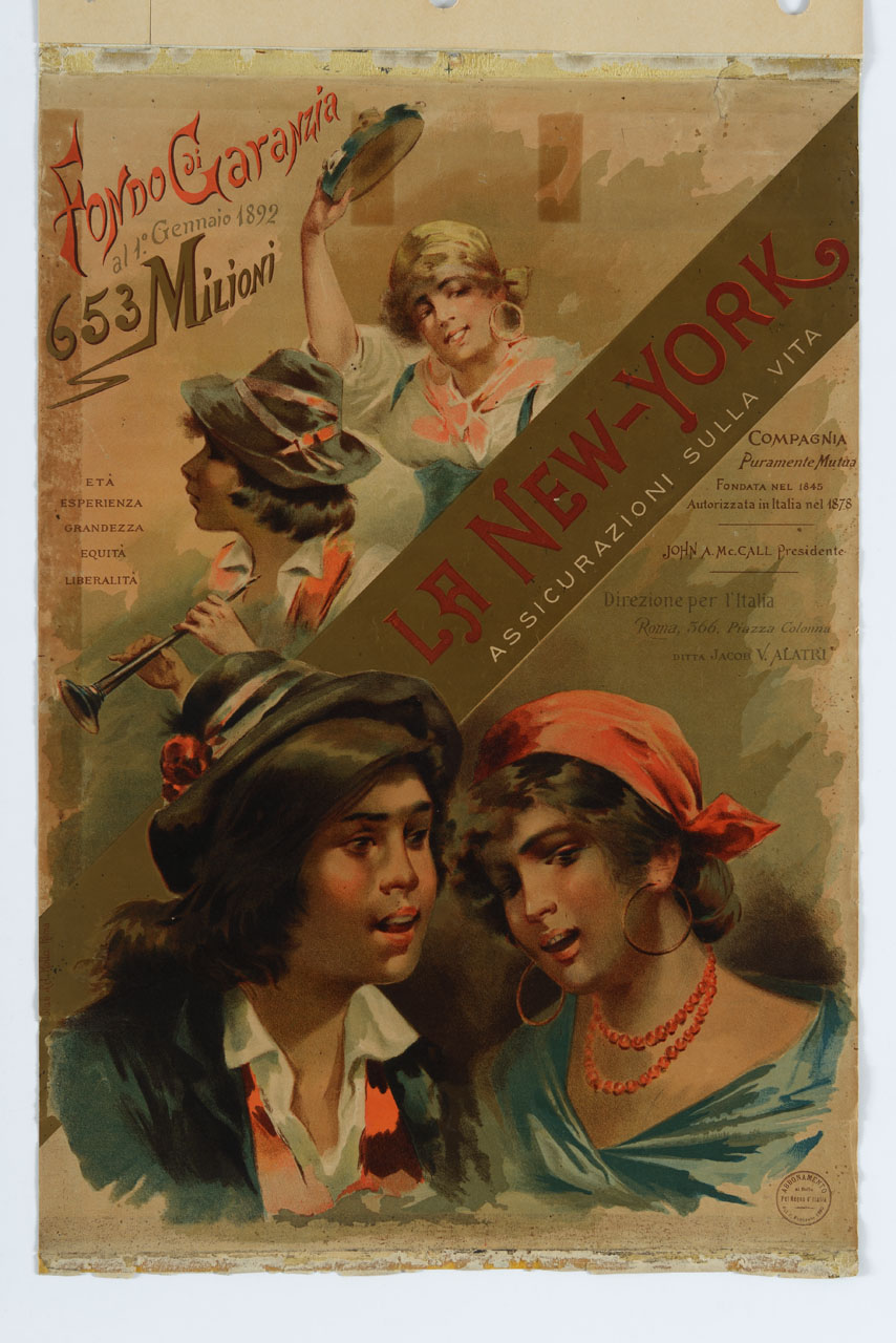 due ragazze e due ragazzi allegri con piffero e tamburello (manifesto) - ambito italiano (sec. XIX)