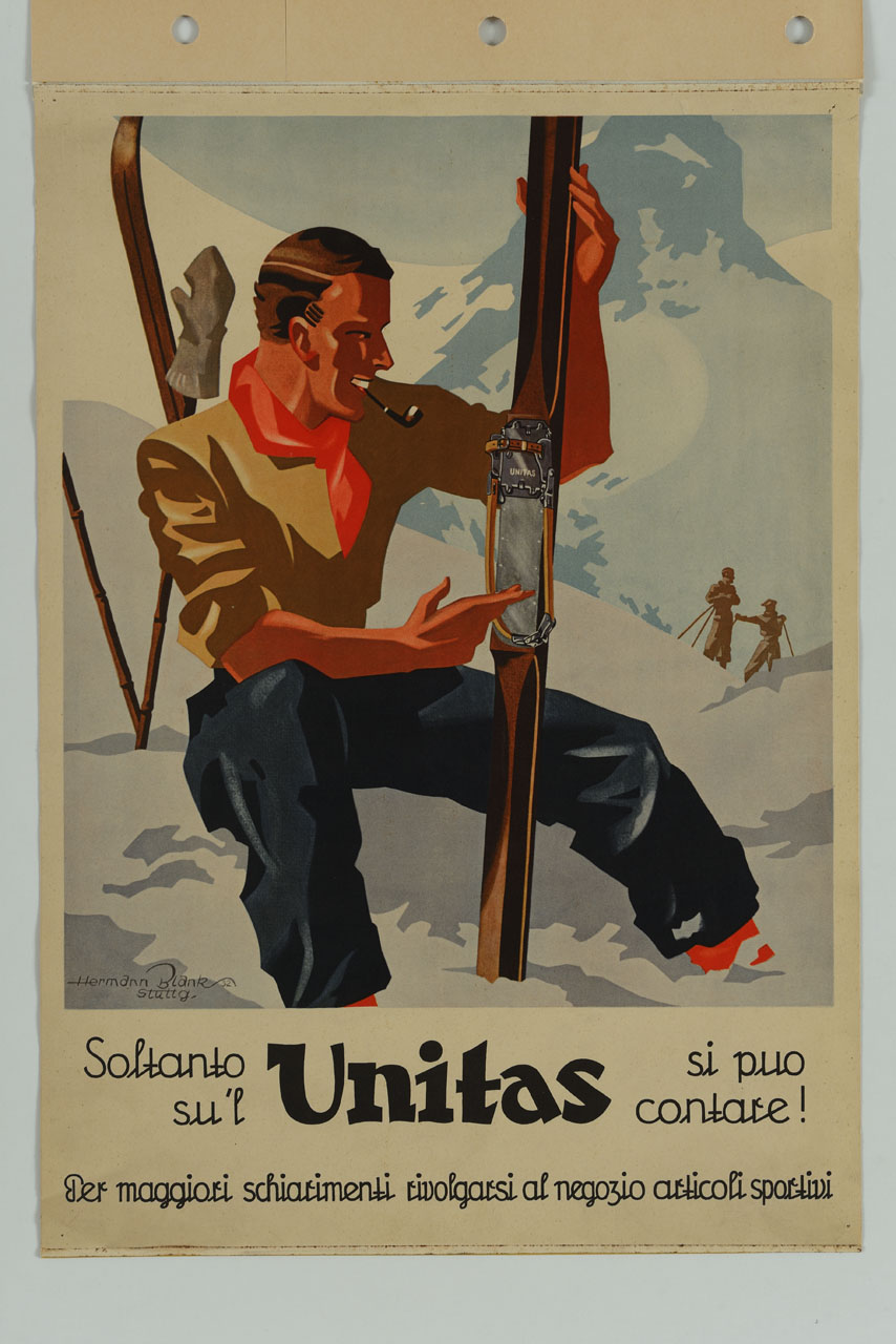 sciatore con pipa seduto sulla neve d'alta quota mostra l'attacco del suo sci (manifesto) di Blank Hermann - ambito tedesco (sec. XX)