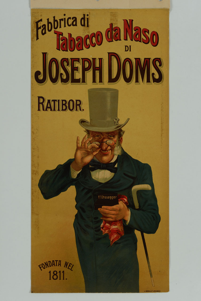 uomo sornione con occhiali, tuba e bastone porta al naso del tabacco da fiuto (manifesto) - ambito tedesco (secc. XIX/ XX)