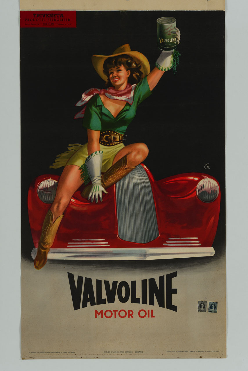 pin up in abito country siede sul muso di una automobile e alza una lattina di olio per motori (manifesto) - ambito italiano (sec. XX)