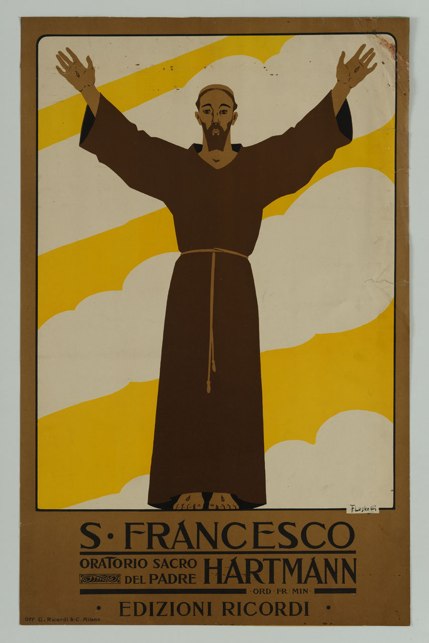 San Francesco con le braccia aperte e stimmate (manifesto) di Laskowski François detto Laskoff Franz (sec. XX)
