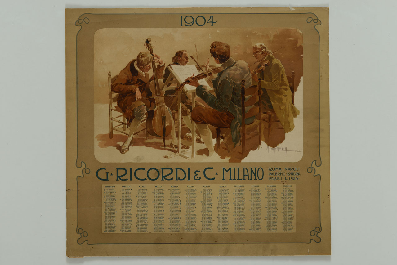 quartetto d'archi con violoncello, viola, due violini e spartito (calendario) di Hohenstein Adolf (sec. XX)