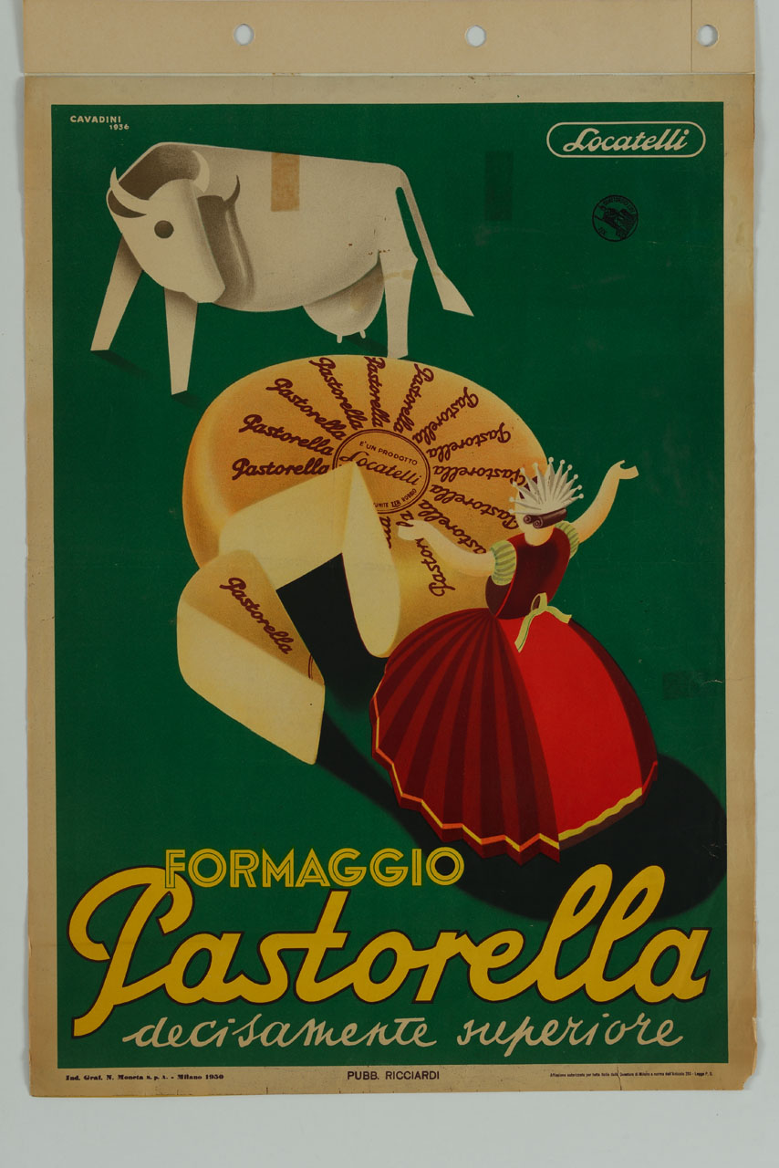 caciotta, mucca e donna in abito tradizionale a braccia aperte (manifesto) di Cavadini Alfredo (sec. XX)