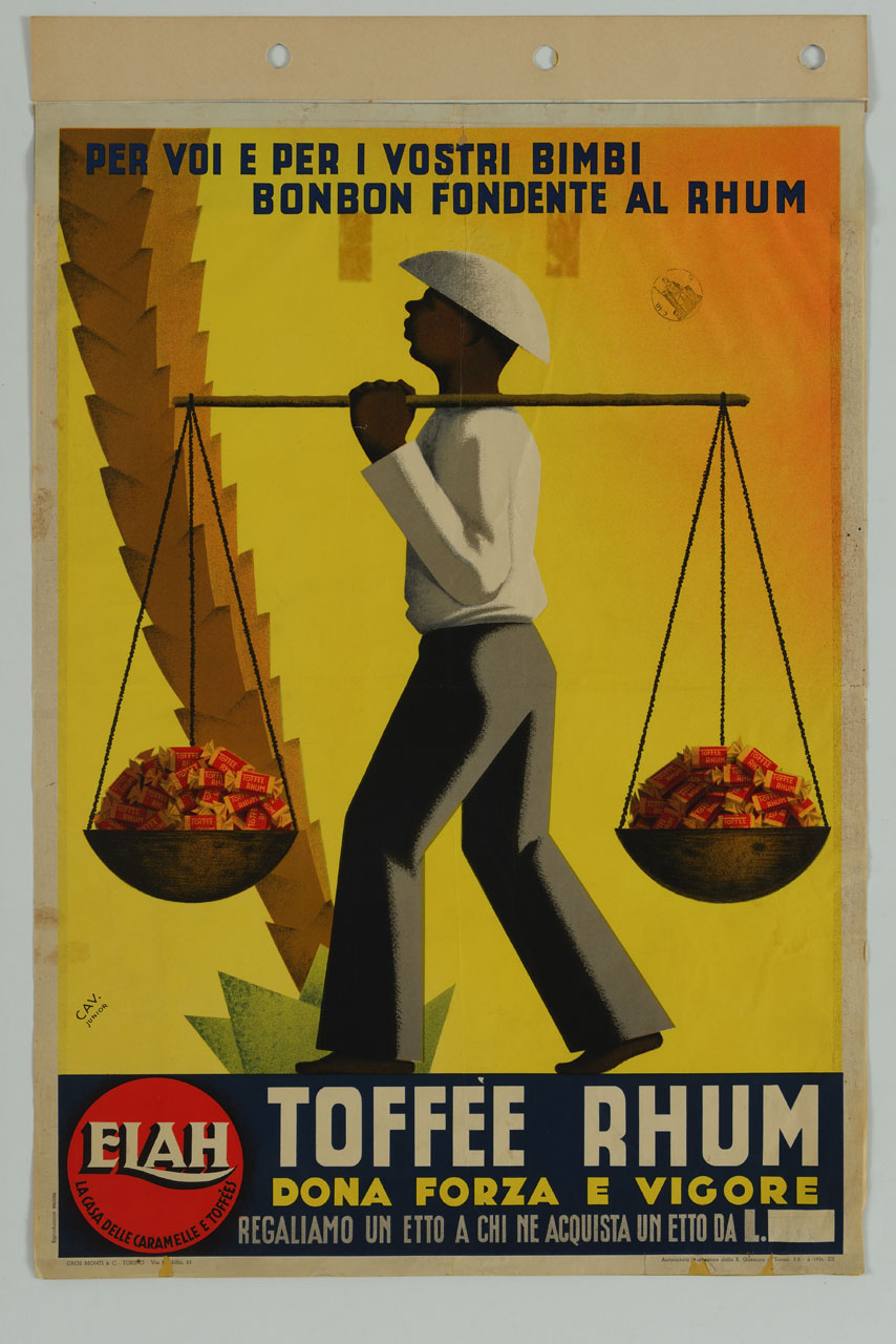 uomo di colore porta in spalla un bilanciere ricolmo di caramelle (manifesto) - ambito italiano (sec. XX)