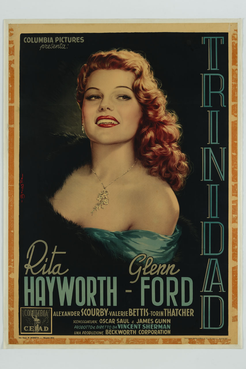 ritratto a mezzo busto di Rita Hayworth con pelliccia e collana (manifesto) di Ballester Anselmo (sec. XX)