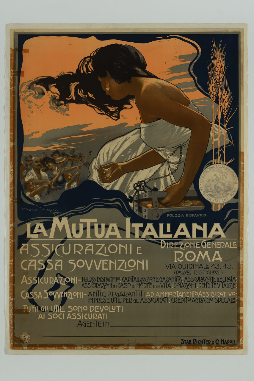 personificazione femminile del Risparmio protegge il denaro di una moltitudine di persone in una cassetta di sicurezza (manifesto) di Borgoni Mario (sec. XX)