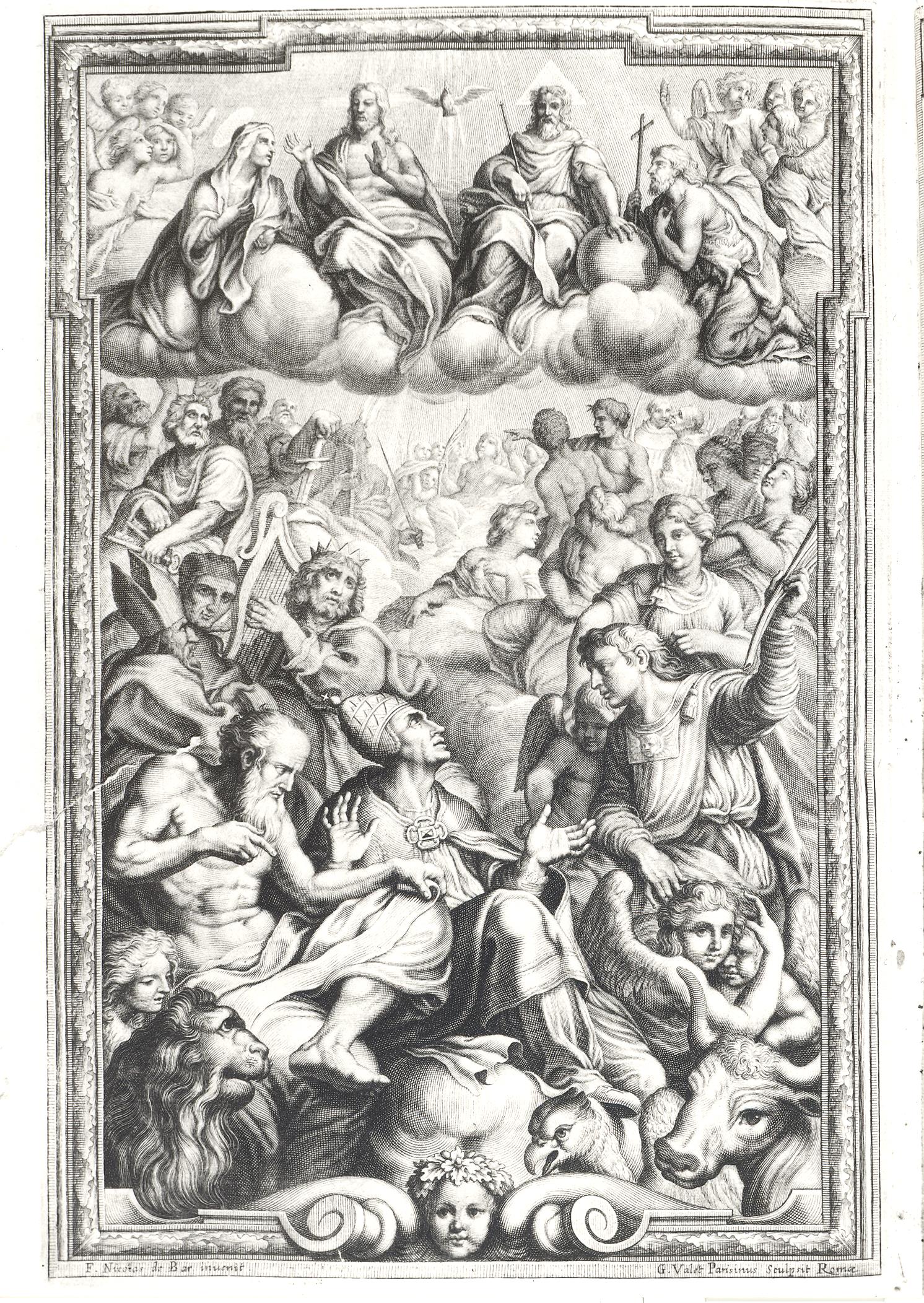 Trinità con Madonna, Santi, Profeti, tetramorfo (stampa) di Vallet Guillaume, Fra' Nicolas di Bari (sec. XVII)