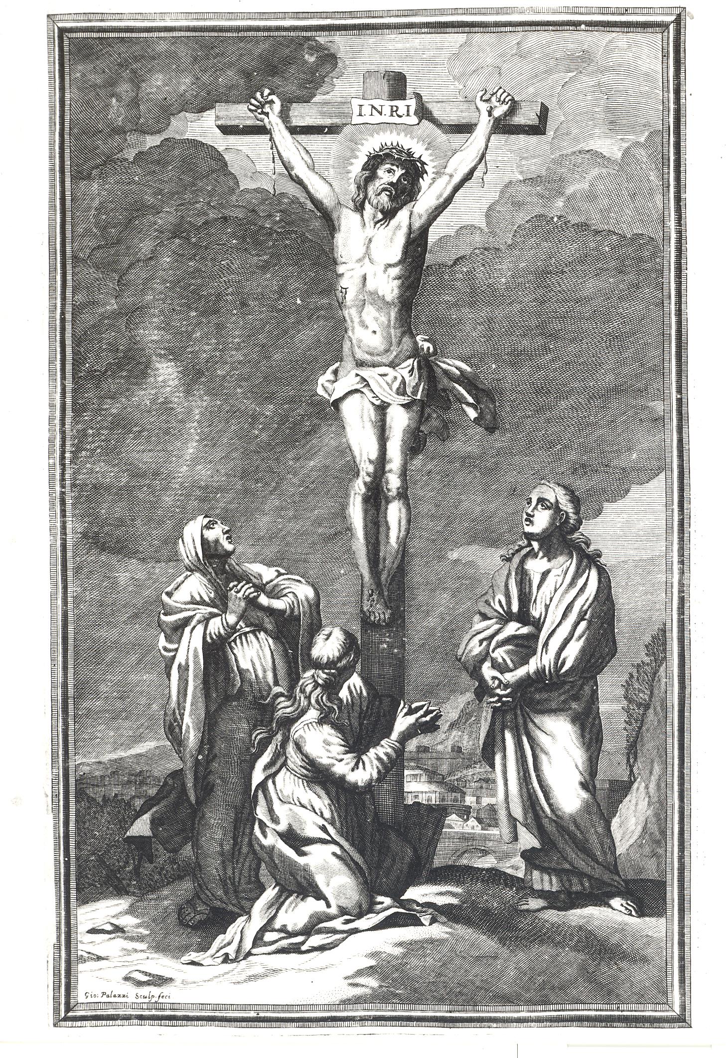 Crocifissione di Cristo con Madonna, Santa Maria Maddalena e San Giovanni Evagelista (stampa) di Palazzi Giovanni (seconda metà sec. XVII)