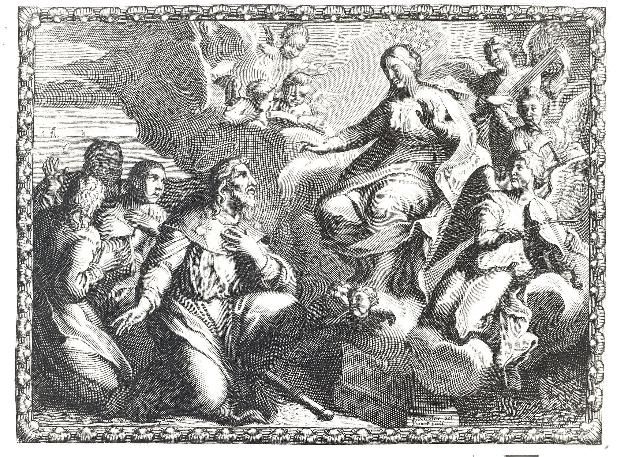 apparizione della Madonna a San Giacomo maggiore (stampa) di Picart Etienne, Fra' Nicola di Bari (sec. XVIII)