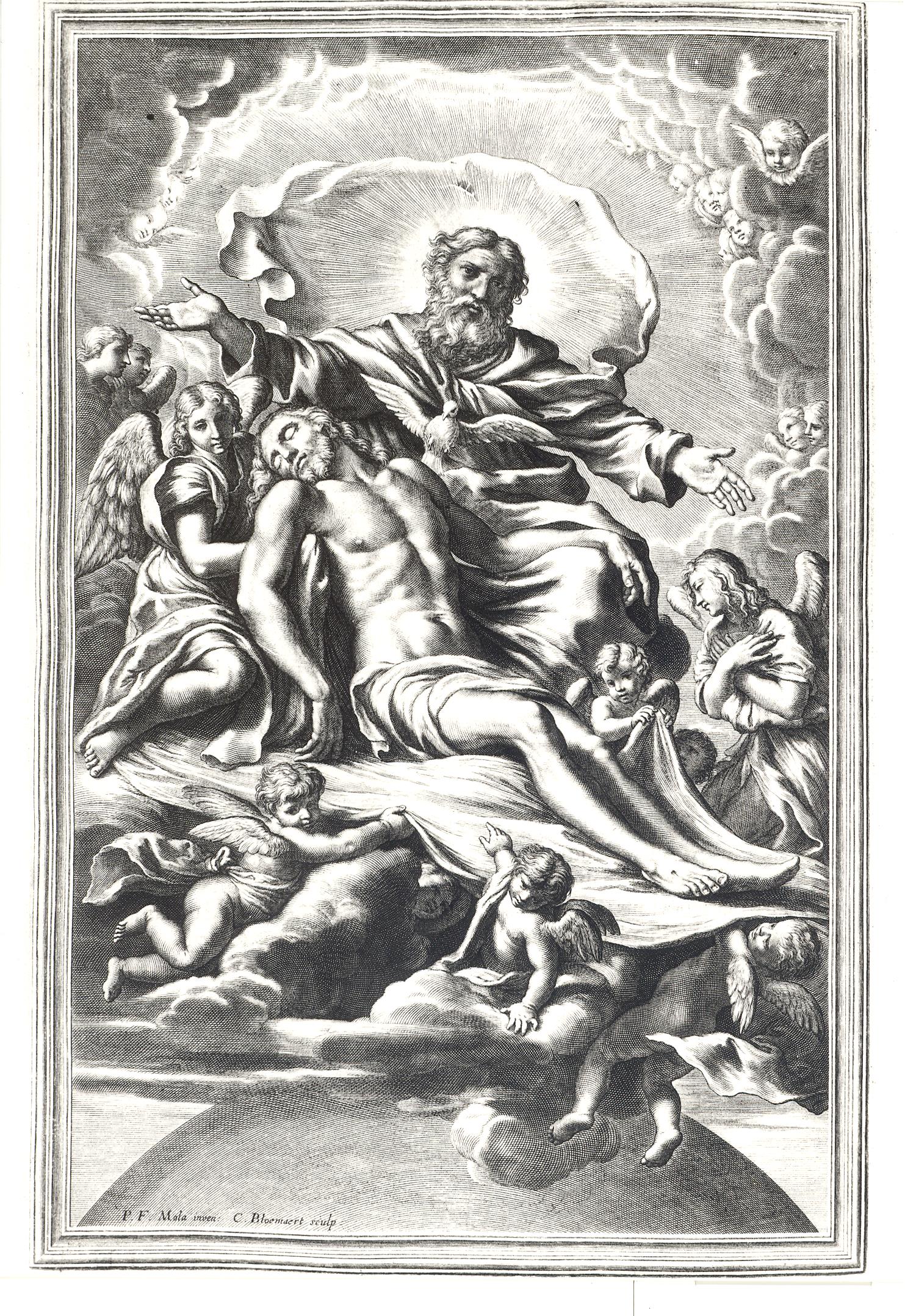 Cristo deposto sorretto dagli angeli e Dio Padre (stampa) di Mola Pier Francesco, Bloemaert Cornelis il Giovane (sec. XVII)